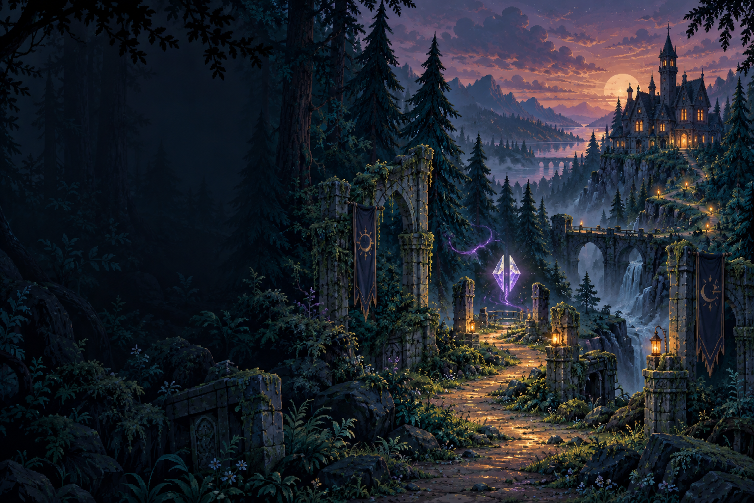 Konzeptillustration: ein verwunschener Wald mit leuchtender Magie und einem geheimnisvollen Haus
